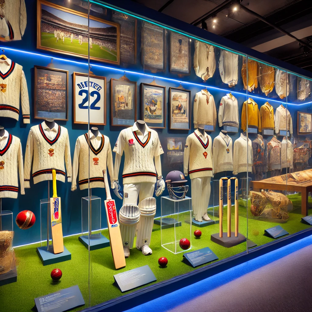 2. Cricket Memorabilia Exhibit: A detailed display of signed cricket bats, balls, and jerseys in a museum setting