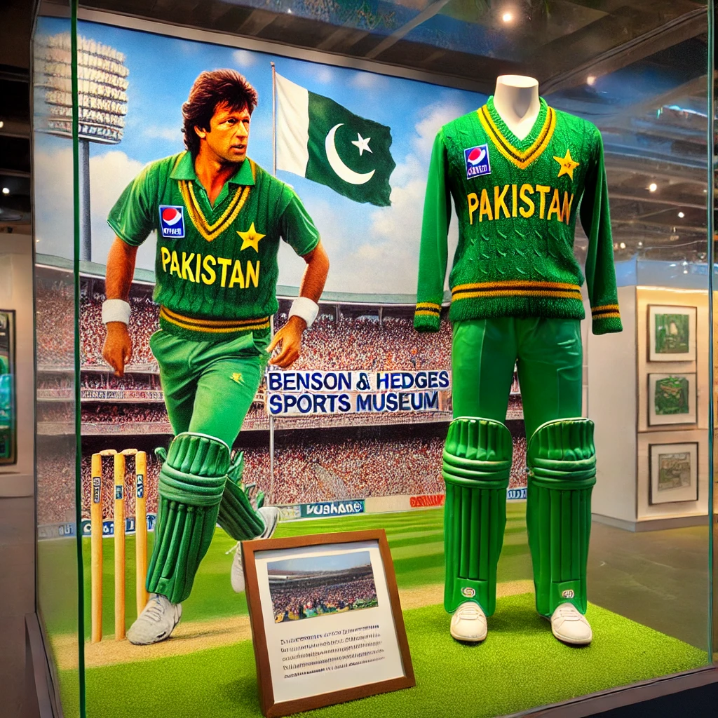 Imran Khan’s iconic 1989 ODI jersey and pants from the Benson & Hedges Triangular Series. The gree