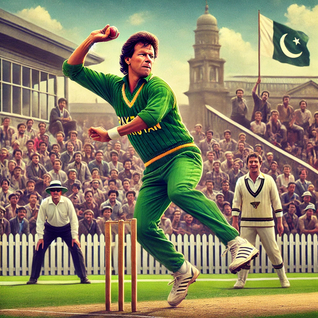 A realistic historical photograph of Imran Khan playing cricket in 1989, wearing a green Pakistan ODI jersey, captured in